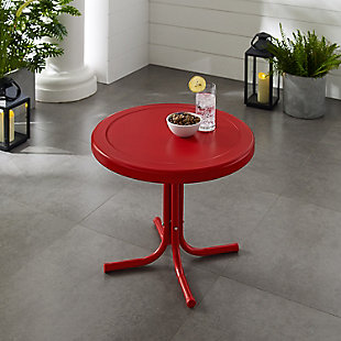 Longing for a simpler time and place? This nostalgically inspired outdoor metal side table invites you to kick back in style. Sturdy steel table with uv protection is designed to withstand the hottest of summer days and other harsh conditions. Non-toxic, powdercoated finish is available in various colors to complement your personal taste and decor.Made of sturdy steel | Non-toxic, powdercoated finish | Uv resistant to withstand harsh weather conditions | Available in several colors | For indoor/outdoor use | Assembly required