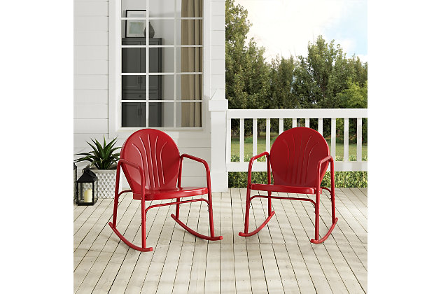 Rock away your cares in this retro-inspired outdoor metal roc chair. Made from sturdy powdercoated steel, this chair has a durable design available in a variety of stylish colors. A low slanted seat allows you to recline on smooth metal rockers while the curved armrests maximize comfort for outdoor relaxation.Set of 2 | Made of sturdy steel | Non-toxic, powdercoated gloss finish | Uv resistant to withstand harsh weather conditions | Inclined seat 18" (highest point); 14.5" (lowest point) | Available in several colors | For indoor/outdoor use | Assembly required