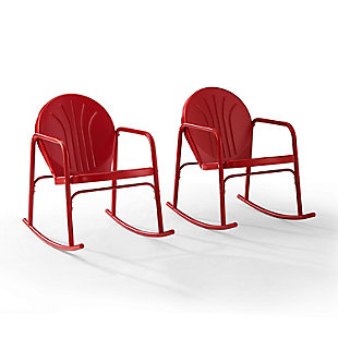 Rock away your cares in this retro-inspired outdoor metal roc chair. Made from sturdy powdercoated steel, this chair has a durable design available in a variety of stylish colors. A low slanted seat allows you to recline on smooth metal rockers while the curved armrests maximize comfort for outdoor relaxation.Set of 2 | Made of sturdy steel | Non-toxic, powdercoated gloss finish | Uv resistant to withstand harsh weather conditions | Inclined seat 18" (highest point); 14.5" (lowest point) | Available in several colors | For indoor/outdoor use | Assembly required