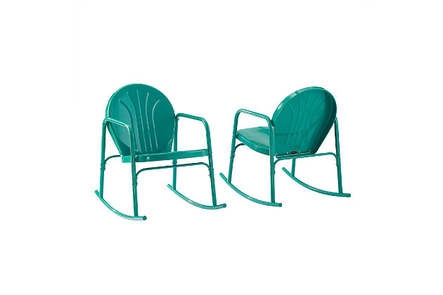 Rock away your cares in this retro-inspired outdoor metal rocking chair. Made from sturdy powdercoated steel, this chair has a durable design available in a variety of stylish colors. A low slanted seat allows you to recline on smooth metal rockers while the curved armrests maximize comfort for outdoor relaxation.Set of 2 | Made of sturdy steel | Non-toxic, powdercoated gloss finish | Uv resistant to withstand harsh weather conditions | Inclined seat 18" (highest point); 14.5" (lowest point) | Available in several colors | For indoor/outdoor use | Assembly required