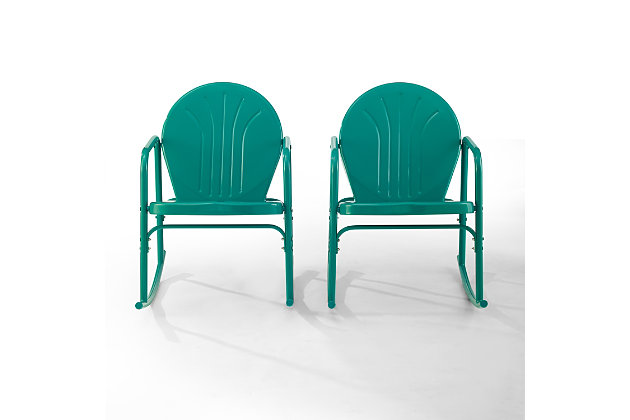 Rock away your cares in this retro-inspired outdoor metal rocking chair. Made from sturdy powdercoated steel, this chair has a durable design available in a variety of stylish colors. A low slanted seat allows you to recline on smooth metal rockers while the curved armrests maximize comfort for outdoor relaxation.Set of 2 | Made of sturdy steel | Non-toxic, powdercoated gloss finish | Uv resistant to withstand harsh weather conditions | Inclined seat 18" (highest point); 14.5" (lowest point) | Available in several colors | For indoor/outdoor use | Assembly required