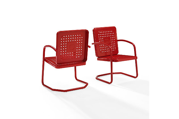 Relax and reminisce with this retro-chic outdoor metal chair set. The perforated detailing of the back allows for cooling and easily sheds rainwater. Constructed with strong steel and finished with a weather-resistant powder coating, this nostalgic outdoor furniture duo is sure to withstand time.Set of 2 | Made of sturdy steel | Non-toxic, powdercoated finish | Uv resistant to withstand harsh weather conditions | Available in several colors | For indoor/outdoor use | Assembly required