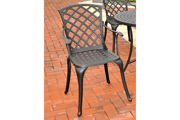 It may be hot outside, but you’ll feel cool kicking back in our heavy-duty, solid cast aluminum furniture. Designed for style and built to last, this outdoor arm chair features a durable charcoal black powdercoated finish that will weather the harshest of outdoor conditions. Experience pure nirvana while unwinding in the chair’s comfortable contoured seats. Your very own outdoor oasis awaits you!Set of 2 | Made of heavy-duty cast aluminum | Non-toxic, powdercoated finish | Uv resistant to withstand harsh weather conditions | Assembly required