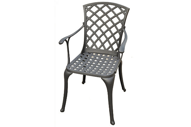 It may be hot outside, but you’ll feel cool kicking back in our heavy-duty, solid cast aluminum furniture. Designed for style and built to last, this outdoor arm chair features a durable charcoal black powdercoated finish that will weather the harshest of outdoor conditions. Experience pure nirvana while unwinding in the chair’s comfortable contoured seats. Your very own outdoor oasis awaits you!Set of 2 | Made of heavy-duty cast aluminum | Non-toxic, powdercoated finish | Uv resistant to withstand harsh weather conditions | Assembly required