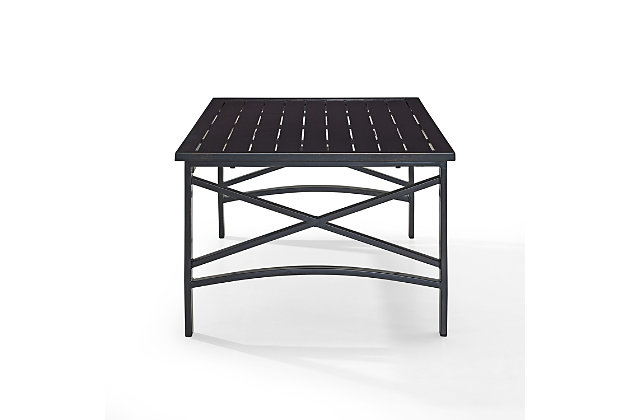 Entertain outdoors in style with this high-quality coffee table. Durably crafted from all-weather rust-protected steel with classic x-bar supports and a slatted tabletop, this masterfully styled metal outdoor table exudes an easy-elegant aesthetic perfect for an outdoor oasis.Made of steel with all-weather, rust protection | Slatted tabletop | Simple x design | Assembly required