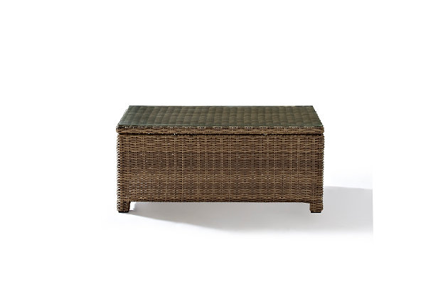 Outdoor entertaining is a breeze with this outdoor coffee table. Finely crafted with intricately woven resin wicker over a durable steel frame, this timeless wicker coffee table provides lasting convenience and style. Tempered glass top offers a smooth surface that simply makes easy.Durable powdercoated steel frame | All-weather resin wicker with rattan look | Tempered glass top | Assembly required