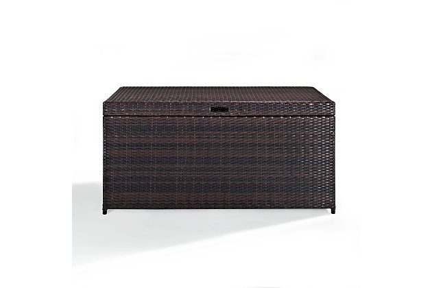 You’ll love what’s in store with this outdoor wicker storage bin. Merging form and function in a beautiful way, this finely crafted outdoor essential is made with intricately handwoven resin wicker over a durable steel frame. Generously sized to meet your needs, this outdoor storage bin with pneumatic hinge for smooth closing is the ideal place for storing furniture cushions and garden necessities.Durable powdercoated steel frame | Uv-resistant outdoor resin wicker | Pneumatic hinge supports for smooth closing | Designed to fit cushions up to 24" square | Assembly required