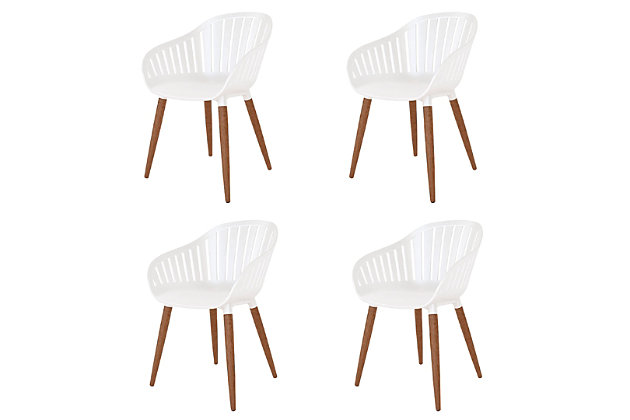 This versatile chair set is the perfect match for furnishing your backyard or patio. Combining luxury, beauty and comfort, its weather-resistant design makes it ideal for outdoor use. But its chic stance can also be enjoyed inside the home where it adds a modern yet casual touch to interior dining spaces.Set of 4 | Made of resin and eucalyptus wood | White bucket seat with natural finished legs | Weight capacity 250 pounds | For indoor/outdoor use | Assembly required