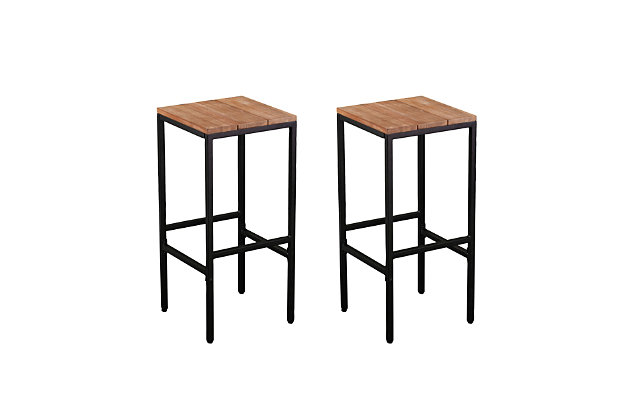 Bar seating to suit your style. Refresh your outdoor entertaining with this indoor-outdoor bar stool set. Sleek metal, backless, barstools with solid acacia wood seats combine into a minimalist-approved silhouette ready to host your game day soiree.Set of 2 | Made of acacia wood and iron | Natural wood tone top with dark powdercoat frame | All-weather metal construction | Suitable for indoor or outdoor use | Assembly required | Assembly time frame is 15 to 30 min.