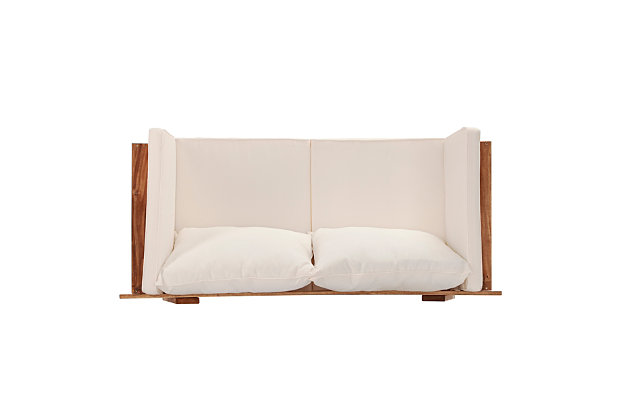 Life of leisure. Relax in the lap of luxury with this convertible settee. The frame offers five-star service, transforming from loveseat, to chaise lounge, to settee at your command. When you're ready for a nap, fold down the sides to transform the chair into a bed. The wood frame creates stability in both positions and the included pillows and cushions provide a soft surface.Made of acacia wood | Oil rubbed wood finish | Removable cushion and pillows with white polyester covers and soft polyfill | Weather resistant | Suitable for indoor and outdoor use | Assembly required | Assembly time frame is 15 to 30 min.