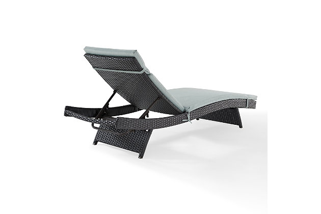 Here it is. Your relaxation destination. This outdoor lounger featuring a sleek, curved silhouette delivers contemporary appeal and smoothly reclines for maximizing comfort. The thickly padded cushions provide a luxurious look and feel, while the tightly woven, dark brown faux rattan gives it a rich and fashionable look. Whether you want to kick back by the pool or unwind in your backyard on a sunny day, this lovely lounger is a must-have addition to your outdoor space.Made of steel, resin wicker and polyester | Brown faux rattan over steel powdercoat frame | Uv/fade resistant | Mist green polyester cushions | Moisture resistent, high-grade cushion core | Assembly required