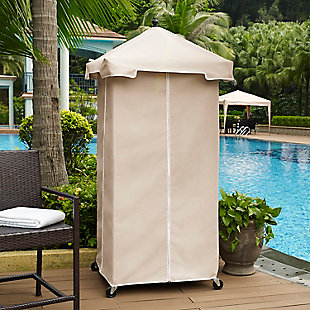 This towel valet will always stand at attention for all your poolside needs. Pool guests will appreciate its smooth wicker platform to supply fresh towels and a hamper below to stow laundry. Sturdy casters allow the valet to move wherever it is most convenient. The neutral polyester cover will continue to look handsome season after season.Made of steel, resin wicker and polyester | Brown faux rattan over steel powdercoat frame | Water repellant polyester cover | Includes storage shelf, hamper and casters for easy mobility | Uv resistant resin wicker | Assembly required
