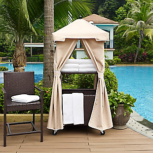 This towel valet will always stand at attention for all your poolside needs. Pool guests will appreciate its smooth wicker platform to supply fresh towels and a hamper below to stow laundry. Sturdy casters allow the valet to move wherever it is most convenient. The neutral polyester cover will continue to look handsome season after season.Made of steel, resin wicker and polyester | Brown faux rattan over steel powdercoat frame | Water repellant polyester cover | Includes storage shelf, hamper and casters for easy mobility | Uv resistant resin wicker | Assembly required