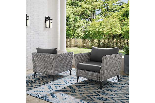 If you are looking to find a brilliant blend of comfort and quality inspired by mid-century modern design, this all-weather chair set will bring classic charm to your outdoor living space. Combining style and comfort, these chairs feature a clean-lined silhouette and splayed legs with deep weather resistant cushioned seats. Be ready to kick back and relax for the summer with this chic chair set.Set of 2 | Made of steel and resin wicker | Gray faux rattan over steel powdercoat frame | Gray solution-dyed polyester cushions | Uv resistant resin wicker | Assembly required