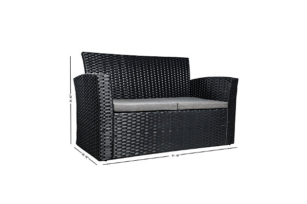 Be it on the patio, porch, balcony, pool area—or even in an indoor space—this 4-Piece Patio Conversation Sofa Set looks right at home wherever it lands. Made from a wicker-inspired rattan and constructed with a sturdy steel frame, it brings big style to small spaces. The polyester cushions are weather resistant for lasting durability.4-piece patio sofa set with cushions | Contemporary design | Sturdy and stylish 5mm tempered glass tabletop | Durable steel wicker-inspired frame | Plush cushions upholstered in polyester fabric | Assembly required