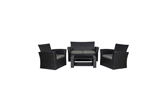 Be it on the patio, porch, balcony, pool area—or even in an indoor space—this 4-Piece Patio Conversation Sofa Set looks right at home wherever it lands. Made from a wicker-inspired rattan and constructed with a sturdy steel frame, it brings big style to small spaces. The polyester cushions are weather resistant for lasting durability.4-piece patio sofa set with cushions | Contemporary design | Sturdy and stylish 5mm tempered glass tabletop | Durable steel wicker-inspired frame | Plush cushions upholstered in polyester fabric | Assembly required