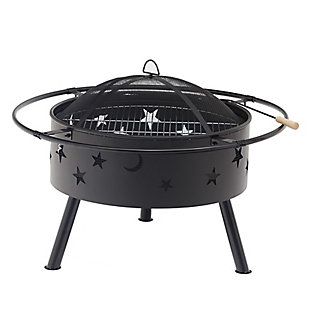 Entertain family and friends well into the night with this unique metal fire pit with whimsical celestial cutout styling. Star and moon cutouts are not just for show, they’re for flow. Each opening allows your fire to last longer due to the circulation of air flow. This robust fire pit is compact and designed for ease of assembly and transport. The collapsible metal leg construction raises the fire pit above ground which provides stability and makes for easy storage. Includes a tight mesh spark guard for safety and a poker so you can keep the coals burning and safely handle the screen. Don't miss out on creating lasting memories with this cool, compact, convenient fire pit.Made of metal | Collapsible 3 leg support gives fire bowl added stability and allow for quick/easy transport | Durable high heat paint finish | Star and moon accent cutouts enhance the fire's brightness and air flow | Full circle handle and lifting hoop | Assembly required