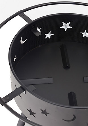 Entertain family and friends well into the night with this unique metal fire pit with whimsical celestial cutout styling. Star and moon cutouts are not just for show, they’re for flow. Each opening allows your fire to last longer due to the circulation of air flow. This robust fire pit is compact and designed for ease of assembly and transport. The collapsible metal leg construction raises the fire pit above ground which provides stability and makes for easy storage. Includes a tight mesh spark guard for safety and a poker so you can keep the coals burning and safely handle the screen. Don't miss out on creating lasting memories with this cool, compact, convenient fire pit.Made of metal | Collapsible 3 leg support gives fire bowl added stability and allow for quick/easy transport | Durable high heat paint finish | Star and moon accent cutouts enhance the fire's brightness and air flow | Full circle handle and lifting hoop | Assembly required