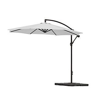 This UV- and water-resistant cantilever hanging outdoor patio umbrella with counterweights is a delightful addition to any home. The crank mechanism makes it easy to open and close this patio umbrella. Durable steel framing ensures long-lasting, weather-resistant enjoyment. The best part is that this set comes with everything to set up your perfect outdoor oasis.Includes 10' cantilever umbrella and 4-piece fillable weight base  | 8 powder-coated steel ribs and 1.8" round aluminum pole | UV- and fade-resistant white polyester canopy with air ventilation  | Black resin base weight | Base weight includes a carrying handle  | Fill capacity for base weight: 200 lbs. of sand or 6 liters of water | Assembly required | Ships in 2 boxes