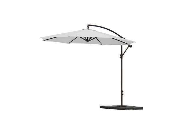 This UV- and water-resistant cantilever hanging outdoor patio umbrella with counterweights is a delightful addition to any home. The crank mechanism makes it easy to open and close this patio umbrella. Durable steel framing ensures long-lasting, weather-resistant enjoyment. The best part is that this set comes with everything to set up your perfect outdoor oasis.Includes 10' cantilever umbrella and 4-piece fillable weight base  | 8 powder-coated steel ribs and 1.8" round aluminum pole | UV- and fade-resistant white polyester canopy with air ventilation  | Black resin base weight | Base weight includes a carrying handle  | Fill capacity for base weight: 200 lbs. of sand or 6 liters of water | Assembly required | Ships in 2 boxes