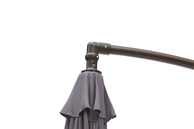 Make your time outside and so much cooler and more comfortable with this 10' cantilever hanging outdoor patio umbrella. The crank mechanism makes it easy to open and close this patio umbrella at your convenience. This quality-crafted cantilever umbrella includes durable steel framing to ensure long-lasting performance, while its weather-resistant design stands up to the elements so you can enjoy seasons of fun safely out of the sun.Made of waterproof polyester fabric | Uv and fade resistant (not weatherproof) | 1.8 inch diameter powdercoated steel pole (rust resistant) with 8 steel ribs | Easy-to-use crank mechanism for smooth opening and closing | Base not included | Assembly required