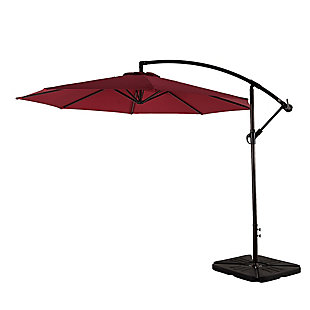 This UV- and water-resistant cantilever hanging outdoor patio umbrella with counterweights is a delightful addition to any home. The crank mechanism makes it easy to open and close this patio umbrella. Durable steel framing ensures long-lasting, weather-resistant enjoyment. The best part is that this set comes with everything to set up your perfect outdoor oasis.Includes 10' cantilever umbrella and 4-piece fillable weight base  | 8 powder-coated steel ribs and 1.8" round aluminum pole | UV- and fade-resistant red polyester canopy with air ventilation  | Black resin base weight | Base weight includes a carrying handle  | Fill capacity for base weight: 200 lbs. of sand or 6 liters of water | Assembly required | Ships in 2 boxes