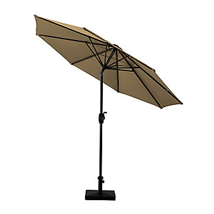 Add some shade to your home with this essential market umbrella and resin base weight set. Designed with style and durability in mind, this complete set arrives ready for easy setup. The nine-foot umbrella is built with an eight-rib steel frame, while beige polyester blocks UV rays. A push-button tilt mechanism lets you adjust as you please so you can get just the right amount of sun. Includes umbrella and concrete base  | Bronze-tone powder coated aluminum frame with 8 steel ribs | Water- and fade-resistant beige polyester canopy with air ventilation  | 60 lb. concrete base with tightening knob | Easy crank open and tilt adjustment | Assembly required | Ships in 2 boxes | Estimated Assembly Time: 5 Minutes