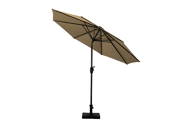 Add some shade to your home with this essential market umbrella and resin base weight set. Designed with style and durability in mind, this complete set arrives ready for easy setup. The nine-foot umbrella is built with an eight-rib steel frame, while beige polyester blocks UV rays. A push-button tilt mechanism lets you adjust as you please so you can get just the right amount of sun. Includes umbrella and concrete base  | Bronze-tone powder coated aluminum frame with 8 steel ribs | Water- and fade-resistant beige polyester canopy with air ventilation  | 60 lb. concrete base with tightening knob | Easy crank open and tilt adjustment | Assembly required | Ships in 2 boxes | Estimated Assembly Time: 5 Minutes