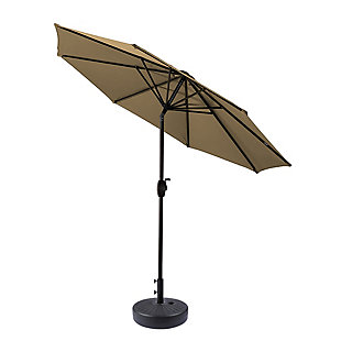 Enjoy being outdoors without the sun blasting down on you as you sit underneath this 9-foot patio umbrella and fillable base set. Use the vibrant umbrella to shield yourself from the elements and put a fun twist on your outdoor decor. A push-button tilt mechanism lets you adjust as you please so you can get just the right amount of sun. The base allows you to move the umbrella to any part of your yard. The best part is both are easy to set up, clean and require minimal maintenance.Includes umbrella and fillable base  | Bronze-tone powder coated aluminum frame with 8 steel ribs | Water- and fade-resistant beige polyester canopy with air ventilation  | 20" sturdy plastic fillable base with black finish; weather resistant | Rust proof and anti-corrosive  | Easy crank open with tilt adjustment | Assembly required | Ships in 2 boxes