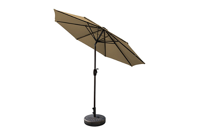 Add this umbrella and base set to your patio lounge or dining set for extra protection from the sun. This deluxe umbrella features an easy crank-and-tilt system so you can protect yourself from the sun and enjoy the fresh air. The best part is that the fillable base stand is included, so this set is read to put up. Includes umbrella and fillable base  | Bronze-tone powder coated aluminum frame with 8 steel ribs | Water- and fade-resistant beige polyester canopy with air ventilation  | 20" sturdy plastic fillable base with bronze-tone finish; weather resistant | Rust proof and anti-corrosive  | Easy crank open with tilt adjustment | Weight capacity 55 lbs. when filled with water and sand | Assembly required | Ships in 2 boxes | Estimated Assembly Time: 5 Minutes