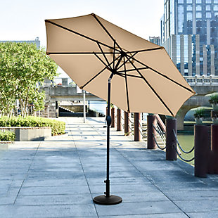 Add some shade to your home with this essential umbrella and resin base weight set. Designed with style and durability in mind, this complete set arrives ready for easy setup. The umbrella is built with an eight-rib steel frame, while beige polyester blocks UV rays. A push-button tilt mechanism lets you adjust as you please so you can get just the right amount of sun. Includes umbrella and base  | Bronze-tone powder coated aluminum frame with 8 steel ribs | Water- and fade-resistant beige polyester canopy with air ventilation  | Base made of a heavy duty resin compound; black, all- weather, water-resistant protective outdoor finish  | Easy crank open with tilt adjustment | Adjustable tightening knob for optimal stability | Assembly required | Ships in 2 boxes