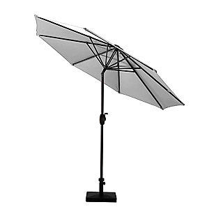 Add some shade to your home with this essential market umbrella and resin base weight set. Designed with style and durability in mind, this complete set arrives ready for easy setup. The nine-foot umbrella is built with an eight-rib steel frame, while white polyester blocks UV rays. A push-button tilt mechanism lets you adjust as you please so you can get just the right amount of sun. Includes umbrella and concrete base  | Bronze-tone powder coated aluminum frame with 8 steel ribs | Water- and fade-resistant white polyester canopy with air ventilation  | 60 lb. concrete base with tightening knob | Easy crank open and tilt adjustment | Assembly required | Ships in 2 boxes | Estimated Assembly Time: 5 Minutes