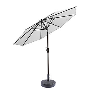 Enjoy being outdoors without the sun blasting down on you as you sit underneath this 9-foot patio umbrella and fillable base set. Use the vibrant umbrella to shield yourself from the elements and put a fun twist on your outdoor decor. A push-button tilt mechanism lets you adjust as you please so you can get just the right amount of sun. The base allows you to move the umbrella to any part of your yard. The best part is both are easy to set up, clean and require minimal maintenance.Includes umbrella and fillable base  | Bronze-tone powder coated aluminum frame with 8 steel ribs | Water- and fade-resistant white polyester canopy with air ventilation  | 20" sturdy plastic fillable base with black finish; weather resistant | Rust proof and anti-corrosive  | Easy crank open with tilt adjustment | Weight capacity 55 lbs. when filled with water and sand | Assembly required | Ships in 2 boxes | Estimated Assembly Time: 5 Minutes