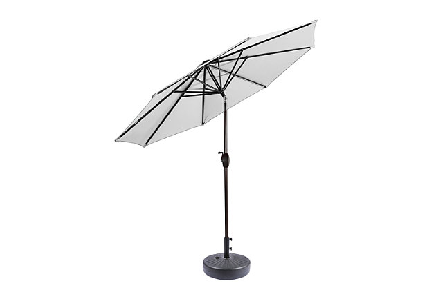 Enjoy being outdoors without the sun blasting down on you as you sit underneath this 9-foot patio umbrella and fillable base set. Use the vibrant umbrella to shield yourself from the elements and put a fun twist on your outdoor decor. A push-button tilt mechanism lets you adjust as you please so you can get just the right amount of sun. The base allows you to move the umbrella to any part of your yard. The best part is both are easy to set up, clean and require minimal maintenance.Includes umbrella and fillable base  | Bronze-tone powder coated aluminum frame with 8 steel ribs | Water- and fade-resistant white polyester canopy with air ventilation  | 20" sturdy plastic fillable base with black finish; weather resistant | Rust proof and anti-corrosive  | Easy crank open with tilt adjustment | Weight capacity 55 lbs. when filled with water and sand | Assembly required | Ships in 2 boxes | Estimated Assembly Time: 5 Minutes