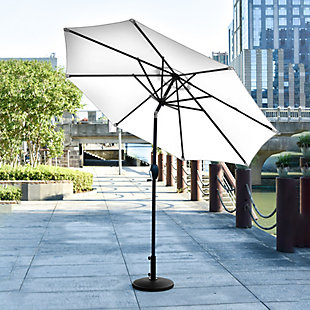 Add some shade to your home with this essential umbrella and resin base weight set. Designed with style and durability in mind, this complete set arrives ready for easy setup. The umbrella is built with an eight-rib steel frame, while white polyester blocks UV rays. A push-button tilt mechanism lets you adjust as you please so you can get just the right amount of sun. Includes umbrella and base  | Bronze-tone powder coated aluminum frame with 8 steel ribs | Water- and fade-resistant white polyester canopy with air ventilation  | Base made of a heavy duty resin compound; black, all- weather, water-resistant protective outdoor finish  | Easy crank open with tilt adjustment | Adjustable tightening knob for optimal stability | Assembly required | Ships in 2 boxes | Estimated Assembly Time: 5 Minutes