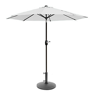 Add some shade to your home with this essential umbrella and resin base weight set. Designed with style and durability in mind, this complete set arrives ready for easy setup. The umbrella is built with an eight-rib steel frame, while white polyester blocks UV rays. A push-button tilt mechanism lets you adjust as you please so you can get just the right amount of sun. Includes umbrella and base  | Bronze-tone powder coated aluminum frame with 8 steel ribs | Water- and fade-resistant white polyester canopy with air ventilation  | Base made of a heavy duty resin compound; black, all- weather, water-resistant protective outdoor finish  | Easy crank open with tilt adjustment | Adjustable tightening knob for optimal stability | Assembly required | Ships in 2 boxes | Estimated Assembly Time: 5 Minutes