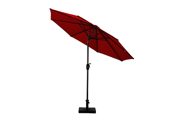 Add some shade to your home with this essential market umbrella and resin base weight set. Designed with style and durability in mind, this complete set arrives ready for easy setup. The nine-foot umbrella is built with an eight-rib steel frame, while red polyester blocks UV rays. A push-button tilt mechanism lets you adjust as you please so you can get just the right amount of sun. Includes umbrella and concrete base  | Bronze-tone powder coated aluminum frame with 8 steel ribs | Water- and fade-resistant red polyester canopy with air ventilation  | 60 lb. concrete base with tightening knob | Easy crank open and tilt adjustment | Assembly required | Ships in 2 boxes | Estimated Assembly Time: 5 Minutes