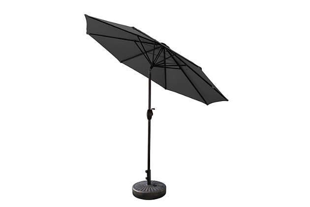 Add this umbrella and base set to your patio lounge or dining set for extra protection from the sun. This deluxe umbrella features an easy crank-and-tilt system so you can protect yourself from the sun and enjoy the fresh air. The best part is that the fillable base stand is included, so this set is ready to put up. Includes umbrella and fillable base  | Bronze-tone powder coated aluminum frame with 8 steel ribs | Water- and fade-resistant gray polyester canopy with air ventilation  | 20" sturdy plastic fillable base with bronze-tone finish; weather resistant | Rust proof and anti-corrosive  | Easy crank open with tilt adjustment | Weight capacity 55 lbs. when filled with water and sand | Assembly required | Ships in 2 boxes