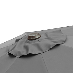 Add some shade to your home with this essential umbrella and resin base weight set. Designed with style and durability in mind, this complete set arrives ready for easy setup. The umbrella is built with an eight-rib steel frame, while gray polyester blocks UV rays. A push-button tilt mechanism lets you adjust as you please so you can get just the right amount of sun. Includes umbrella and base  | Bronze-tone powder coated aluminum frame with 8 steel ribs | Water- and fade-resistant gray polyester canopy with air ventilation  | Base made of a heavy duty resin compound; black, all- weather, water-resistant protective outdoor finish  | Easy crank open with tilt adjustment | Adjustable tightening knob for optimal stability | Assembly required | Ships in 2 boxes