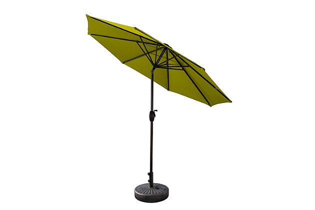 Add this umbrella and base set to your patio lounge or dining set for extra protection from the sun. This deluxe umbrella features an easy crank-and-tilt system so you can protect yourself from the sun and enjoy the fresh air. The best part is that the fillable base stand is included, so this set is ready to put up. Includes umbrella and fillable base  | Bronze-tone powder coated aluminum frame with 8 steel ribs | Water- and fade-resistant dark green polyester canopy with air ventilation  | 20" sturdy plastic fillable base with bronze-tone finish; weather resistant | Rust proof and anti-corrosive  | Easy crank open with tilt adjustment | Weight capacity 55 lbs. when filled with water and sand | Assembly required | Ships in 2 boxes