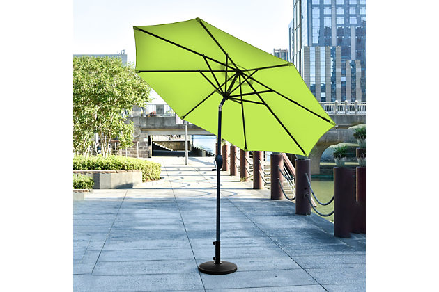 Add some shade to your home with this essential umbrella and resin base weight set. Designed with style and durability in mind, this complete set arrives ready for easy setup. The umbrella is built with an eight-rib steel frame, while dark green polyester blocks UV rays. A push-button tilt mechanism lets you adjust as you please so you can get just the right amount of sun. Includes umbrella and base  | Bronze-tone powder coated aluminum frame with 8 steel ribs | Water- and fade-resistant dark green polyester canopy with air ventilation  | Base made of a heavy duty resin compound; black, all- weather, water-resistant protective outdoor finish  | Easy crank open with tilt adjustment | Adjustable tightening knob for optimal stability | Assembly required | Ships in 2 boxes