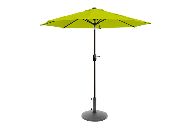 Add some shade to your home with this essential umbrella and resin base weight set. Designed with style and durability in mind, this complete set arrives ready for easy setup. The umbrella is built with an eight-rib steel frame, while dark green polyester blocks UV rays. A push-button tilt mechanism lets you adjust as you please so you can get just the right amount of sun. Includes umbrella and base  | Bronze-tone powder coated aluminum frame with 8 steel ribs | Water- and fade-resistant dark green polyester canopy with air ventilation  | Base made of a heavy duty resin compound; black, all- weather, water-resistant protective outdoor finish  | Easy crank open with tilt adjustment | Adjustable tightening knob for optimal stability | Assembly required | Ships in 2 boxes