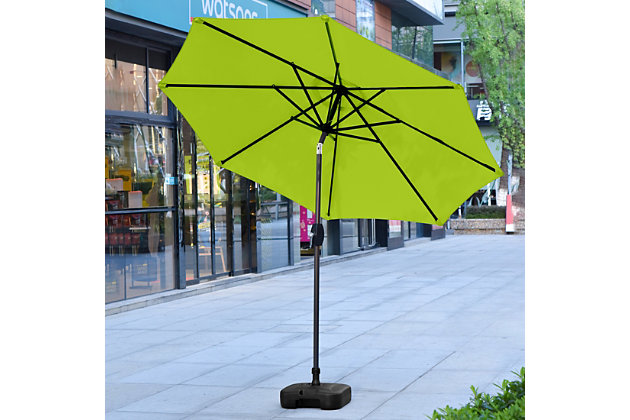 Enjoy being outdoors without the sun blasting down on you as you sit underneath this nine-foot patio umbrella and fillable base set. Use the vibrant umbrella to shield yourself from the elements and put a fun twist on your outdoor decor. A push-button tilt mechanism lets you adjust as you please so you can get just the right amount of sun. The base allows you to move the umbrella to any part of your yard. The best part is both are easy to set up, clean and require minimal maintenance.Includes umbrella and square fillable base  | Bronze-tone powder coated aluminum frame with 8 steel ribs | Water- and fade-resistant dark green polyester canopy with air ventilation  | Durable, plastic base can be weighed down with up to 50 lbs. of water or sand; black finish | Easy crank open with tilt adjustment | Adjustable tightening knob for optimal stability | Assembly required | Ships in 2 boxes | Estimated Assembly Time: 5 Minutes