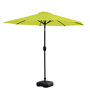 Enjoy being outdoors without the sun blasting down on you as you sit underneath this nine-foot patio umbrella and fillable base set. Use the vibrant umbrella to shield yourself from the elements and put a fun twist on your outdoor decor. A push-button tilt mechanism lets you adjust as you please so you can get just the right amount of sun. The base allows you to move the umbrella to any part of your yard. The best part is both are easy to set up, clean and require minimal maintenance.Includes umbrella and square fillable base  | Bronze-tone powder coated aluminum frame with 8 steel ribs | Water- and fade-resistant dark green polyester canopy with air ventilation  | Durable, plastic base can be weighed down with up to 50 lbs. of water or sand; black finish | Easy crank open with tilt adjustment | Adjustable tightening knob for optimal stability | Assembly required | Ships in 2 boxes | Estimated Assembly Time: 5 Minutes
