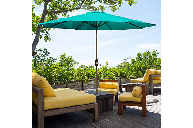 Enjoy the sunshine and scenery while keeping cool with this 9 ft. steel outdoor patio table umbrella. Designed with style and durability in mind, this outdoor umbrella is built with a steel frame that’s resistant to rust. Rest assured, the fade-resistant, waterproof polyester fabric blocks up to 95% of UV rays to keep you made in the shade.Made with long-lasting 200g polyester fabric | Fade resistant and waterproof | Blocks up to 95% of uv rays | Crank function with smoothly open/close | Tilt feature is easy to adjust for the perfect angle | 1.5 inch diameter steel center pole | 8 steel ribs for strong support | Air-vented canopy designed to facilitate air flow and withstand windy climates | Base not included | Assembly required