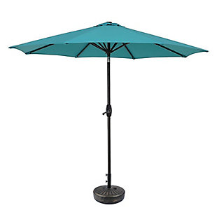 Enjoy the sunshine and scenery while keeping cool with this 9 ft. steel outdoor patio table umbrella. Designed with style and durability in mind, this outdoor umbrella is built with a steel frame that’s resistant to rust. Rest assured, the fade-resistant, waterproof polyester fabric blocks up to 95% of UV rays to keep you made in the shade.Made with long-lasting 200g polyester fabric | Fade resistant and waterproof | Blocks up to 95% of uv rays | Crank function with smoothly open/close | Tilt feature is easy to adjust for the perfect angle | 1.5 inch diameter steel center pole | 8 steel ribs for strong support | Air-vented canopy designed to facilitate air flow and withstand windy climates | Base not included | Assembly required