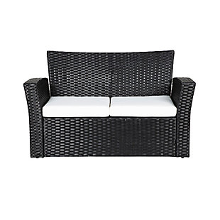 Turn your outdoor space into a high-style destination with this 4-piece patio furniture set. 
Crafted with a steel wicker-inspired frame and all-weather padded cushion seats, this outdoor seating set merges a luxurious look with low-maintenance care. Complete with a 5mm tempered glass tabletop for modern flair, the included coffee table is perfect for drinks, apps and easy-breezy entertaining.Set of 4 (includes loveseat, 2 arm chairs and coffee table) | Durable steel wicker inspired frame | Sturdy and stylish 5mm tempered glass tabletop | Seat cushions upholstered in polyester fabric | Water resistant and uv protected | Assembly required