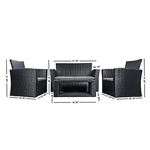 Turn your outdoor space into a high-style destination with this 4-piece patio furniture set. 
Crafted with a steel wicker-inspired frame and all-weather padded cushion seats, this outdoor seating set merges a luxurious look with low-maintenance care. Complete with a 5mm tempered glass tabletop for modern flair, the included coffee table is perfect for drinks, apps and easy-breezy entertaining.Set of 4 (includes loveseat, 2 arm chairs and coffee table) | Durable steel wicker inspired frame | Sturdy and stylish 5mm tempered glass tabletop | Seat cushions upholstered in polyester fabric | Water resistant and uv protected | Assembly required