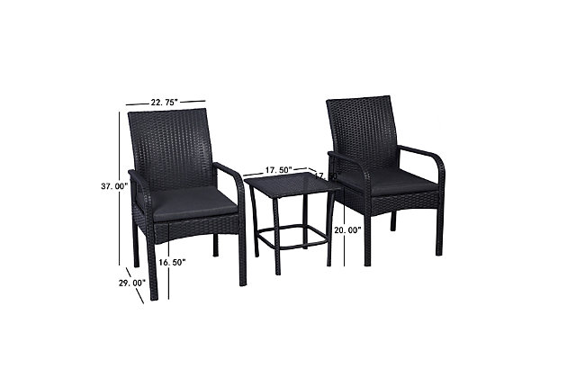 The sleek and durable 3-piece rattan wicker outdoor furniture set is ideal to transform any al fresco space into a stunning retreat. Crafted with all-weather resin woven wicker, this beautiful outdoor seating set incorporates a strong steel frame able to support up to 300 lbs. per seat. The included padded cushions are made from fade-resistant all-weather fabric for comfort and long-lasting enjoyment.Set of 3 (includes 2 arm chairs and coffee table) | Made with durable steel/pe rattan wicker-like frame | Seat cushions upholstered in polyester fabric | Water resistant and uv protected | Assembly required