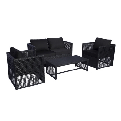 Leif 4-piece Outdoor Woven Rattan Wicker Sofa Set With Cushion, Black, large